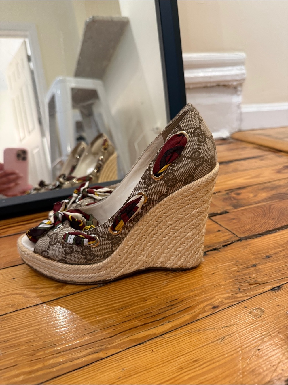 Designer Monogram Espadrille Wedge in Beige and Tan